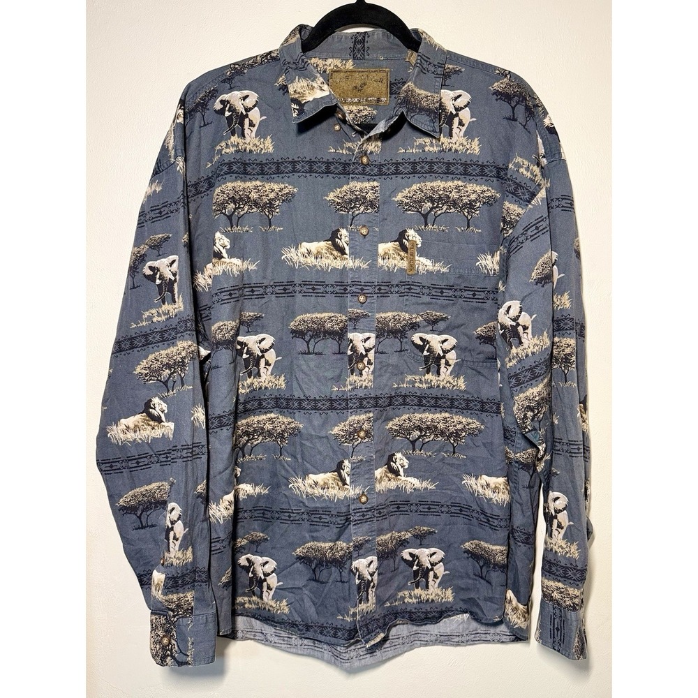 Vintage North River Safari Button-Up Shirt Mens Size XL Blue Animal Print Cotton